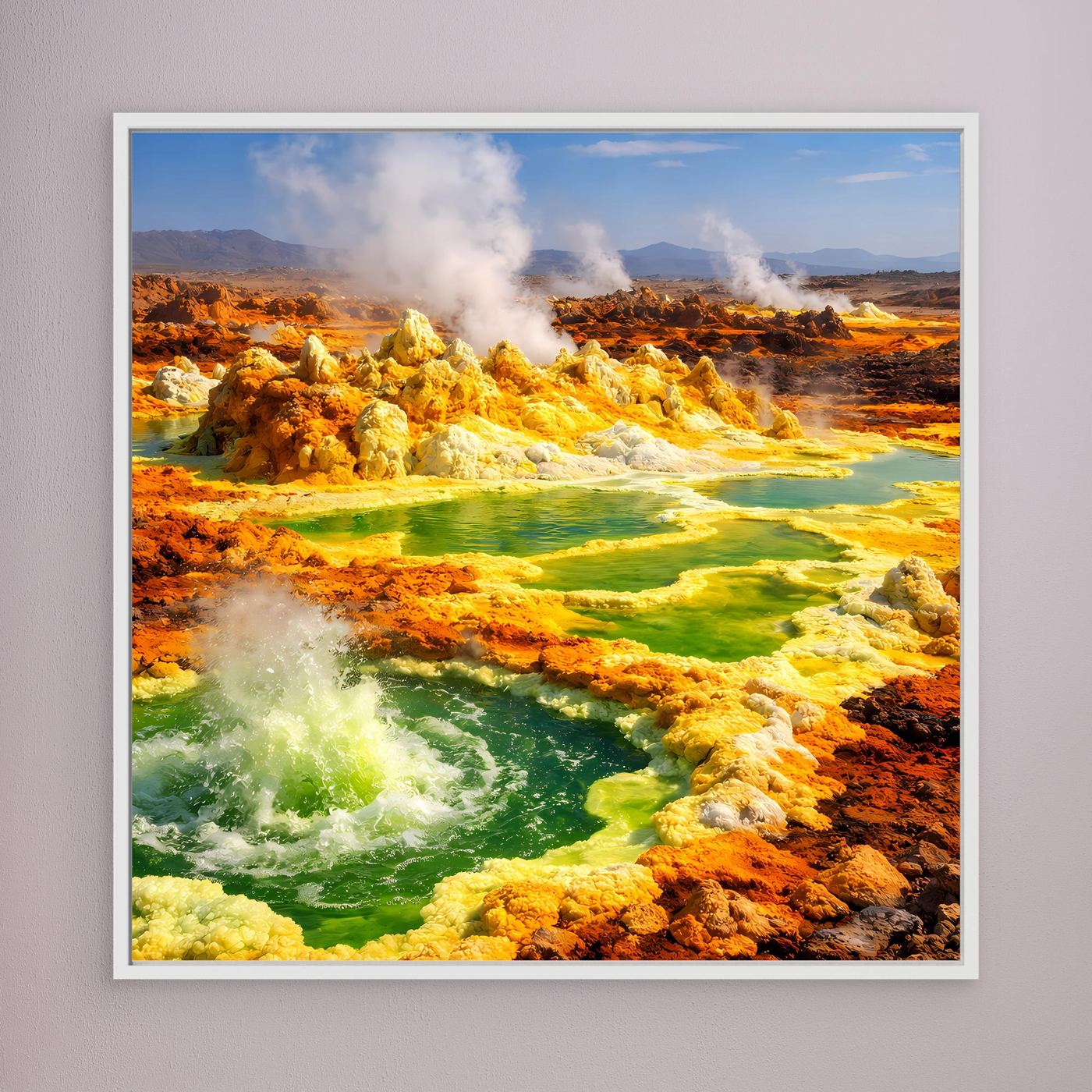 Gerahmtes Leinwandbild mit Dallol-Vulkan und hydrothermalen Quellen, Schwefeldampf über Becken