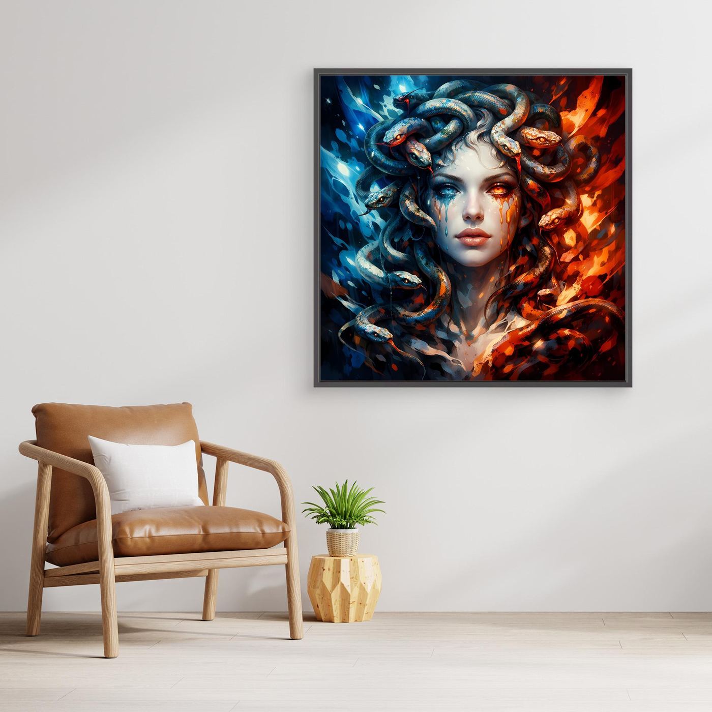 Leinwand Mystische Medusa im Feuer- und Eis-Kontrast | Modernes Fantasy Wandbild