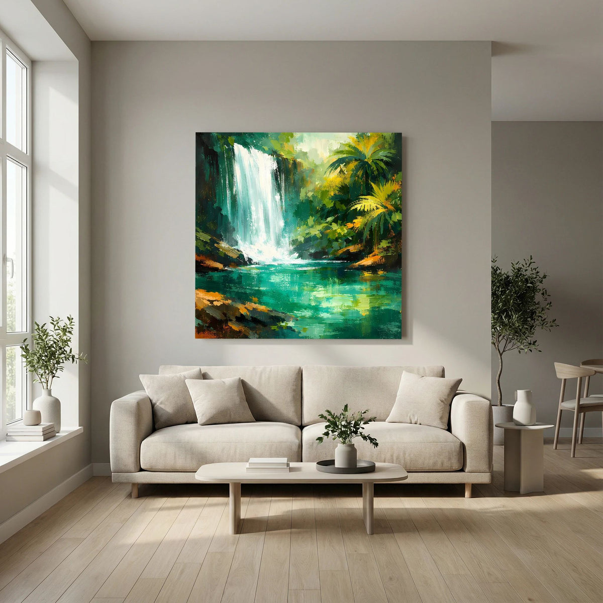 Leinwand-Wandbild mit Wasserfallmotiv: Dschungelgrün, Palmen und türkisfarbenes Gewässer