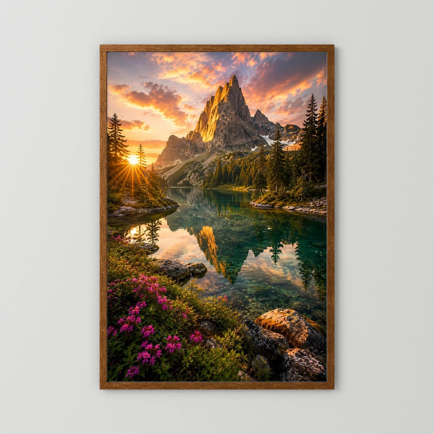 Hochformatposter im braunen Holzrahmen, Bergsee zwischen Felsen und Tannen