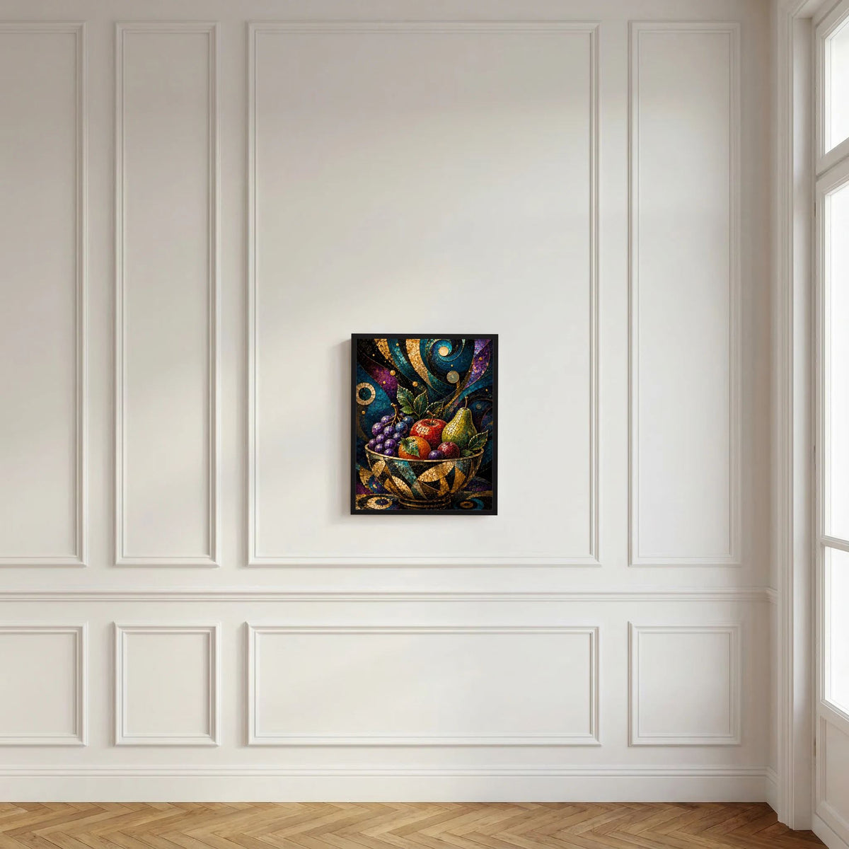 Hochformat-Poster im dunklen Rahmen mit Obstschale im bunten Mosaikstil