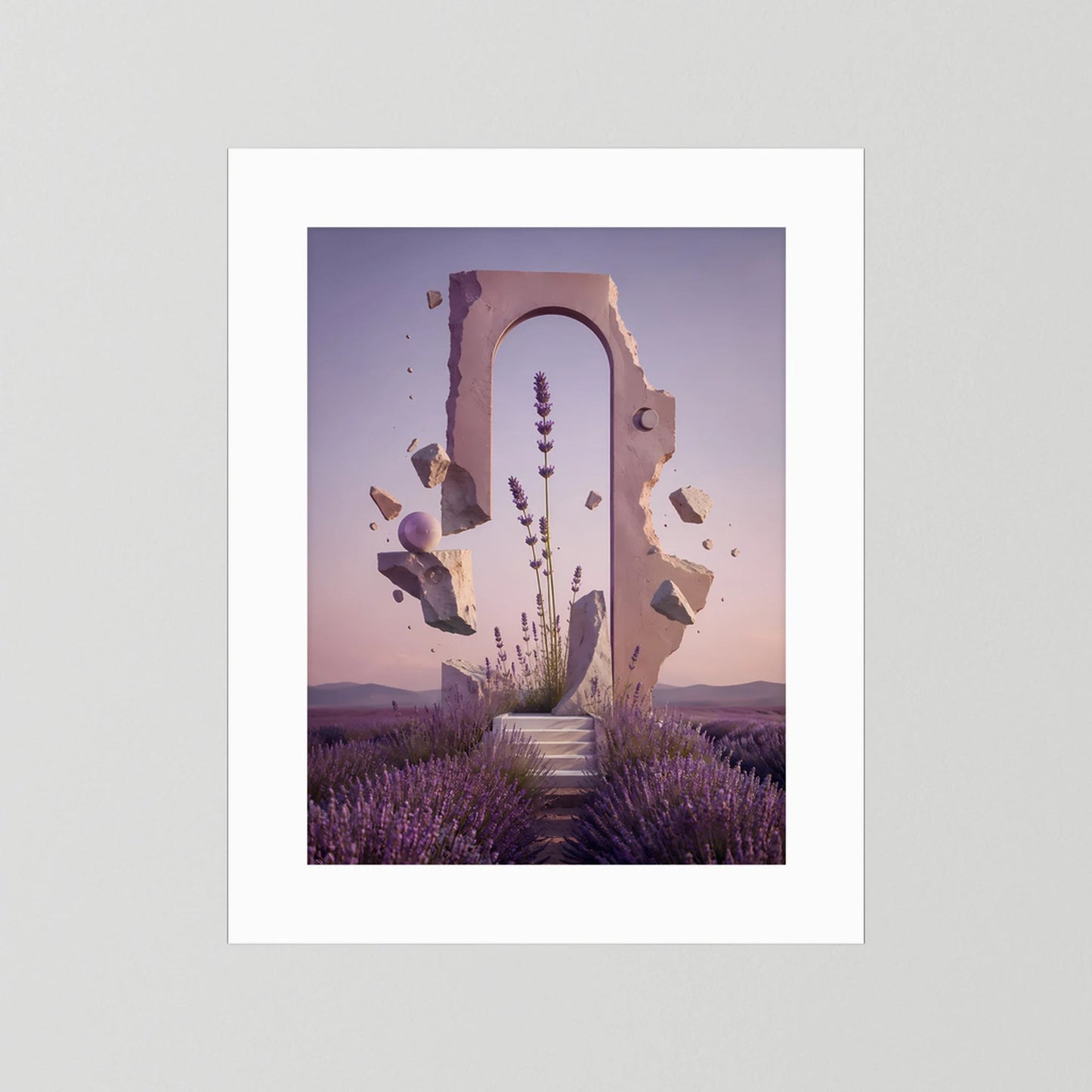 Poster im Hochformat mit violettem Lavendelfeld, Treppenweg und Portal, weißer Rahmen