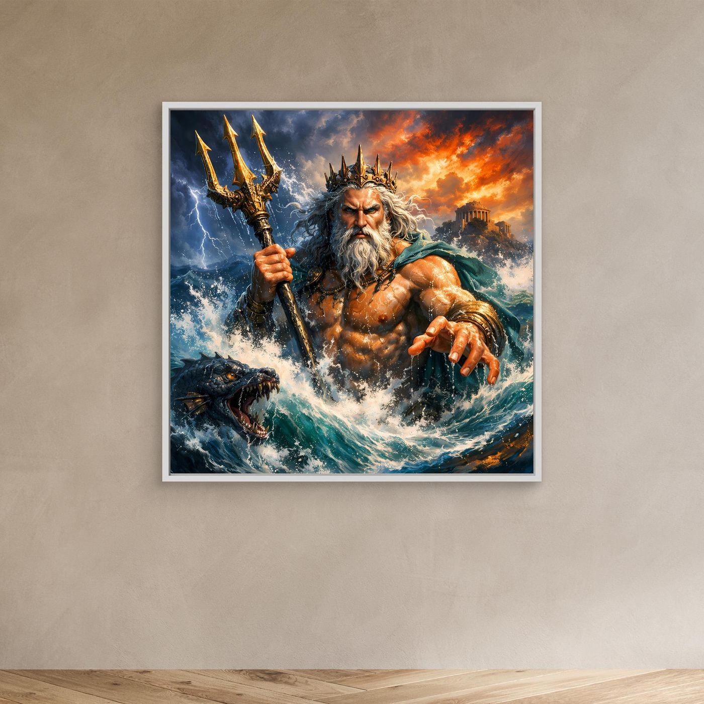 Leinwand Monumentaler Poseidon im Wellenrausch | Mythisches Meeresgott Wandbild