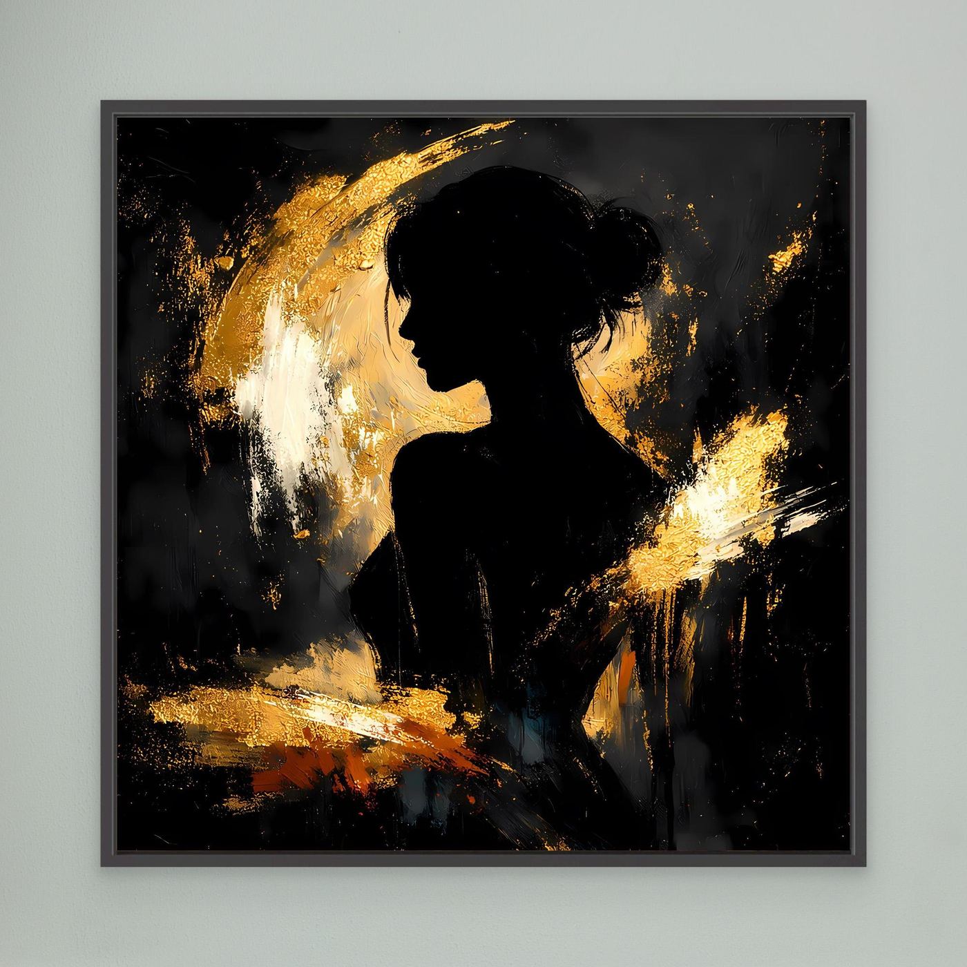 Leinwand Elegante Silhouette in Gold und Schwarz | Modernes Abstraktes Frauen Portrait Wandbild