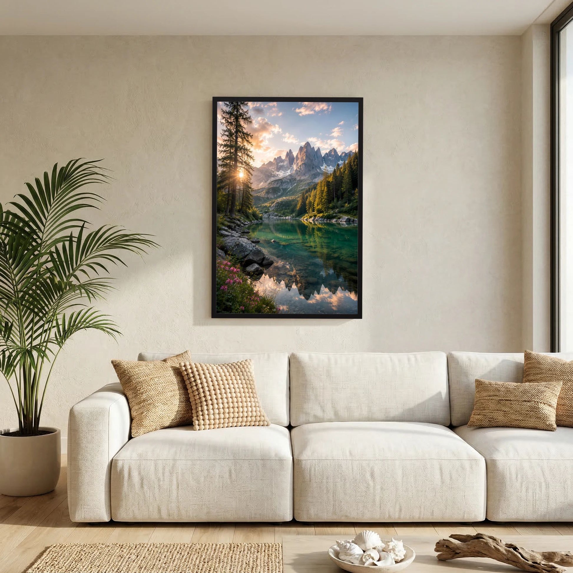 Bergsee im Sonnenuntergang | Alpenlandschaft mit Wald & Spiegelung | Poster Hochformat
