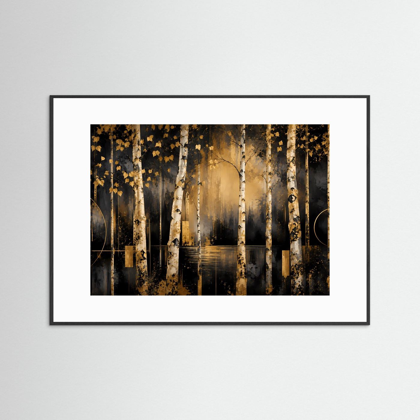 Poster im Querformat mit Birkenwald und goldenen Blättern, schwarzer Rahmen mit weißem Rand.