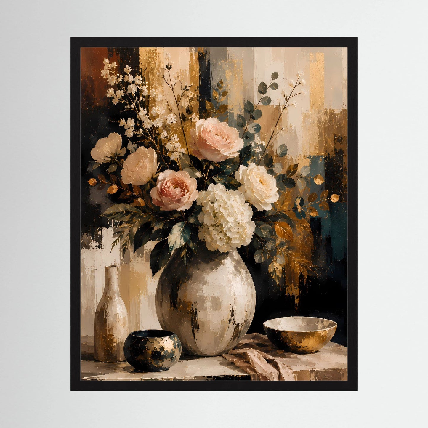 Blumenstillleben-Poster mit Rosen und Hortensien in Vase, abstrakt, mit schwarzem Rahmen