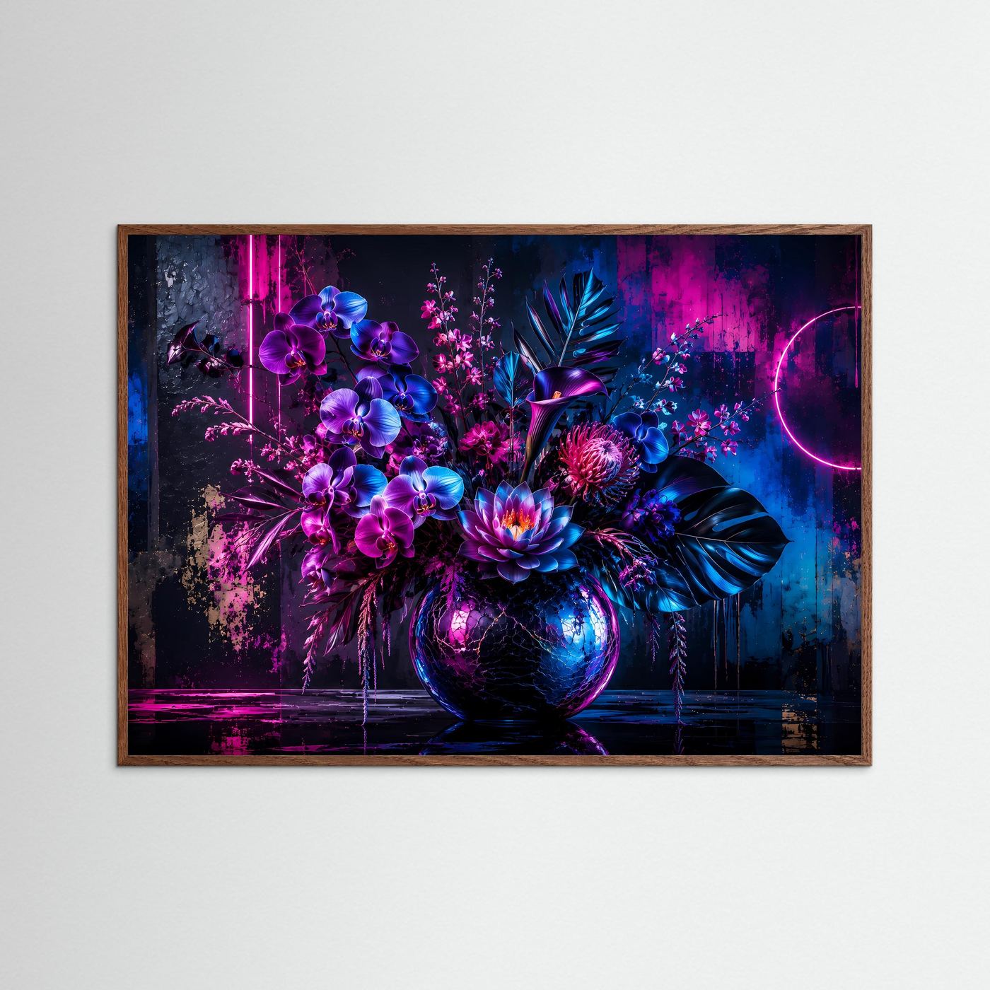 Neon Blumenstrauß Poster Querformat | Moderne Florale Wandkunst in Pink, Blau & Violett | Futuristisches Blumen Wandbild