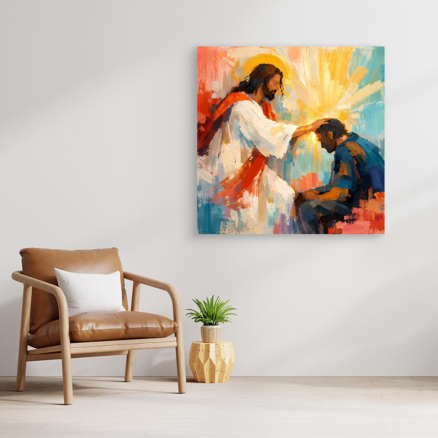 Christian canvas wall art of Jesus blessing a praying man, no frame