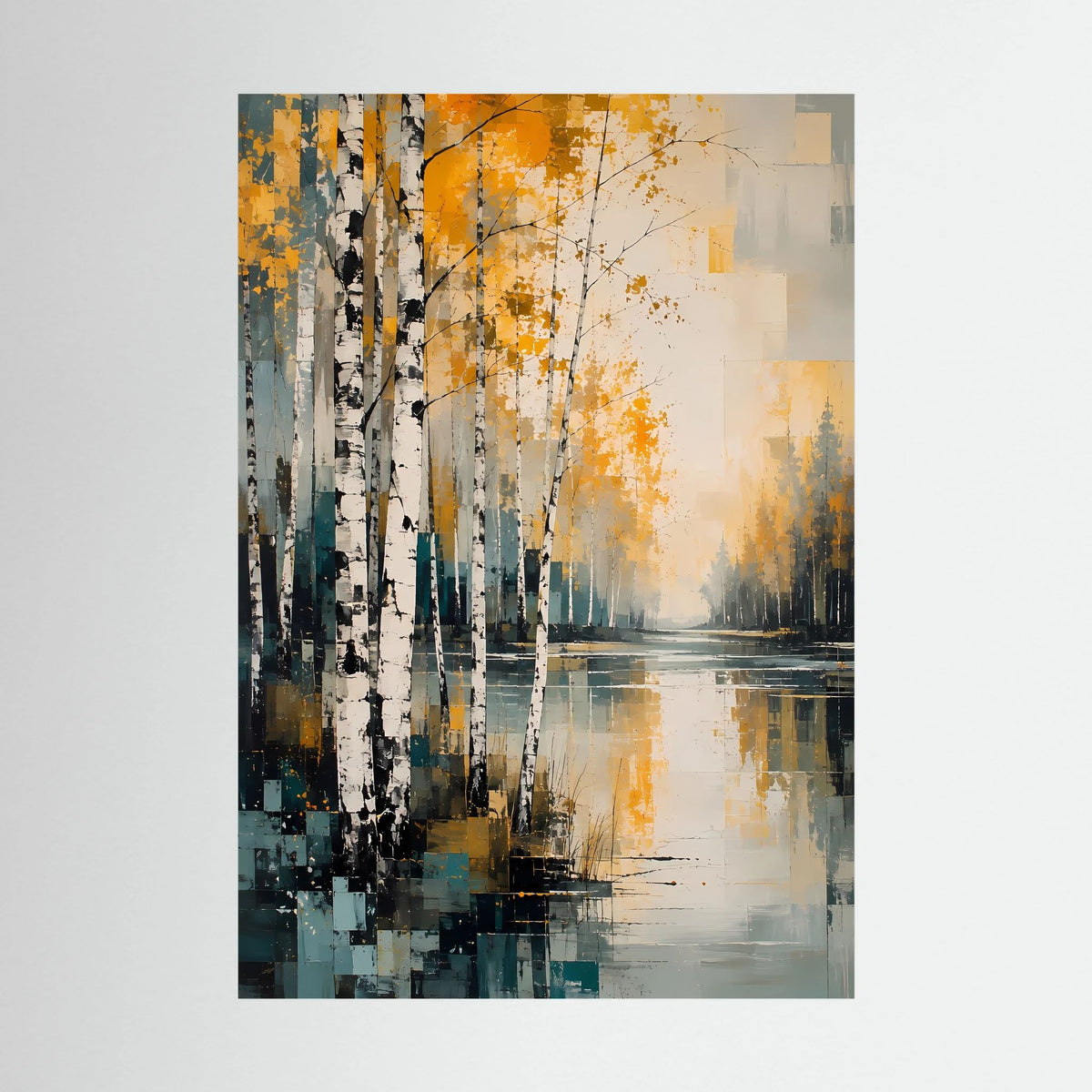 Abstraktes Herbstlandschaft-Poster Gold und Petrol, naturholzfarbener Rahmen