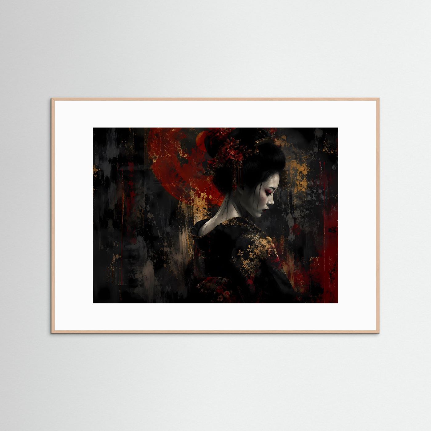 Querformatiges Japan-Kunstposter: Geisha-Porträt mit rotem Kreis, beiger Holzrahmen