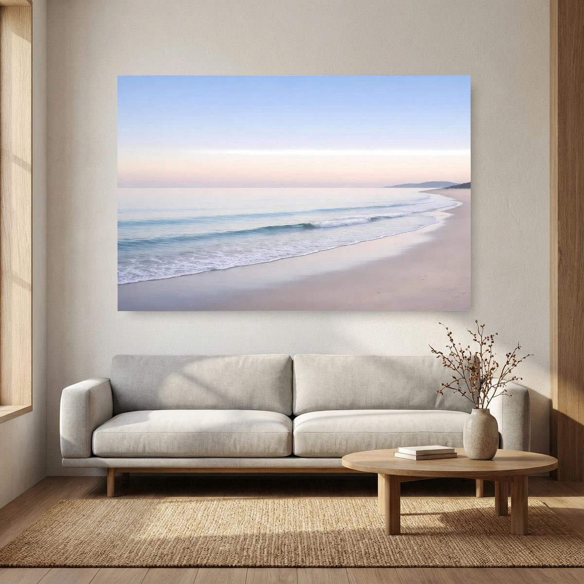 Meerstrand-Wandposter im Querformat mit Himmel im Pastellton und flachem Wellenkamm