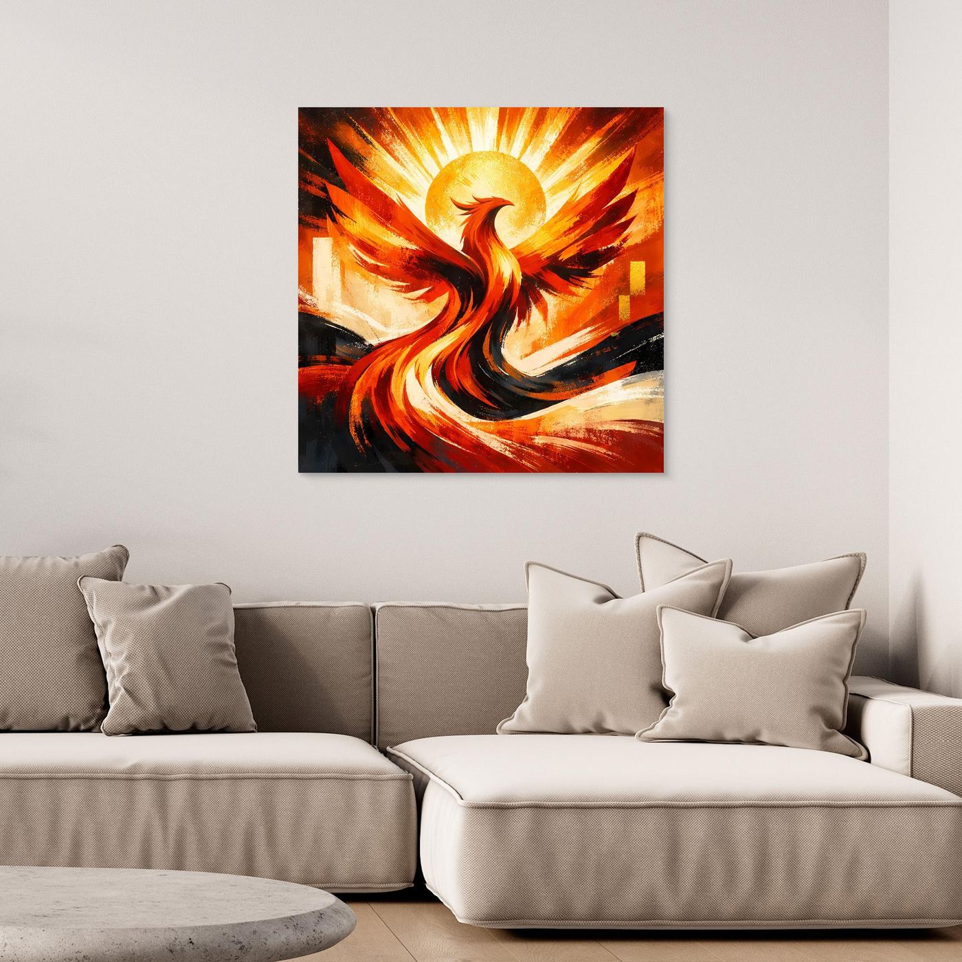 Leinwandbild mit Phönix in leuchtenden Orange-, Gelb- und Rottönen, schwarzer Rahmen