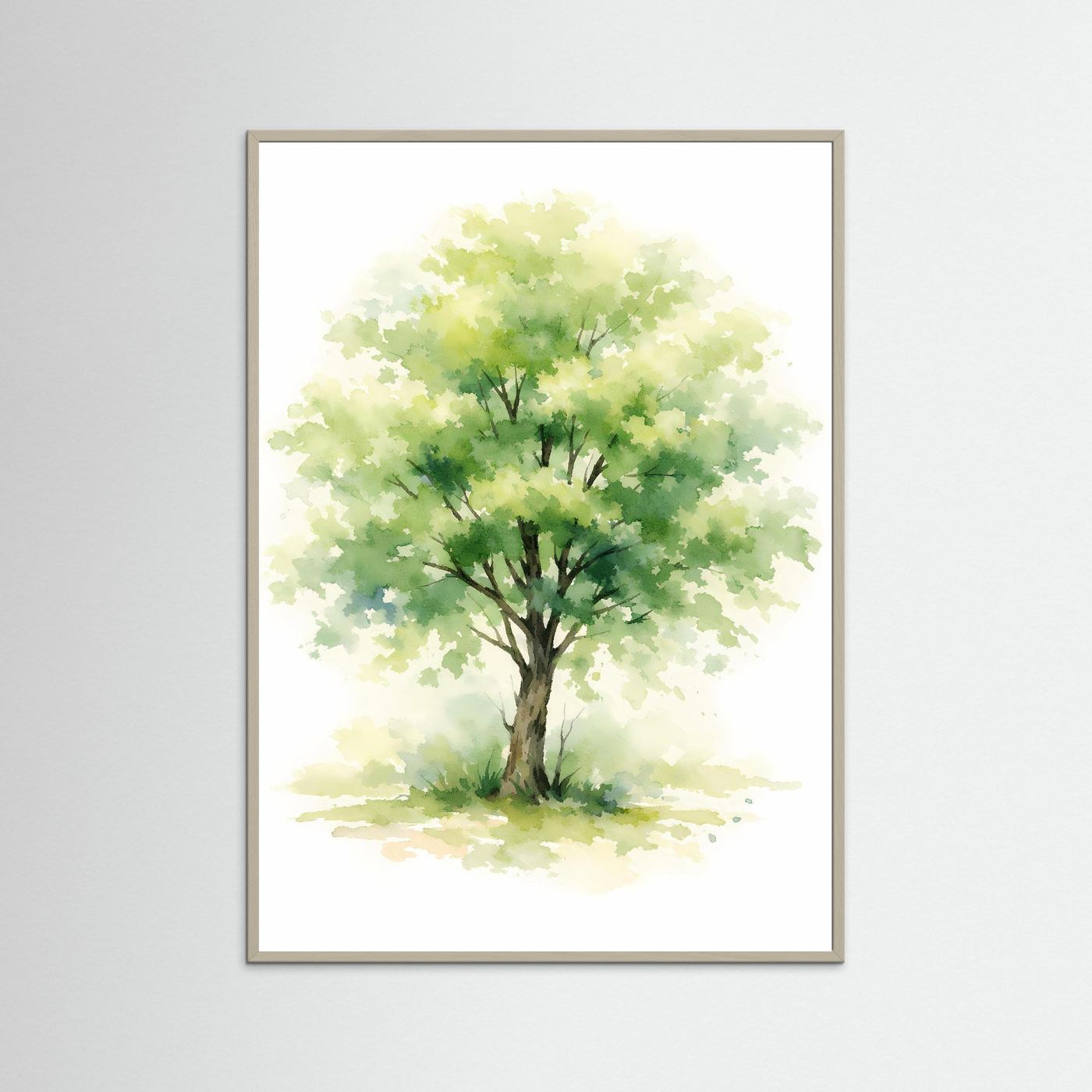 Aquarell-Baum-Poster im Hochformat mit beigem Holzrahmen und grüner Krone