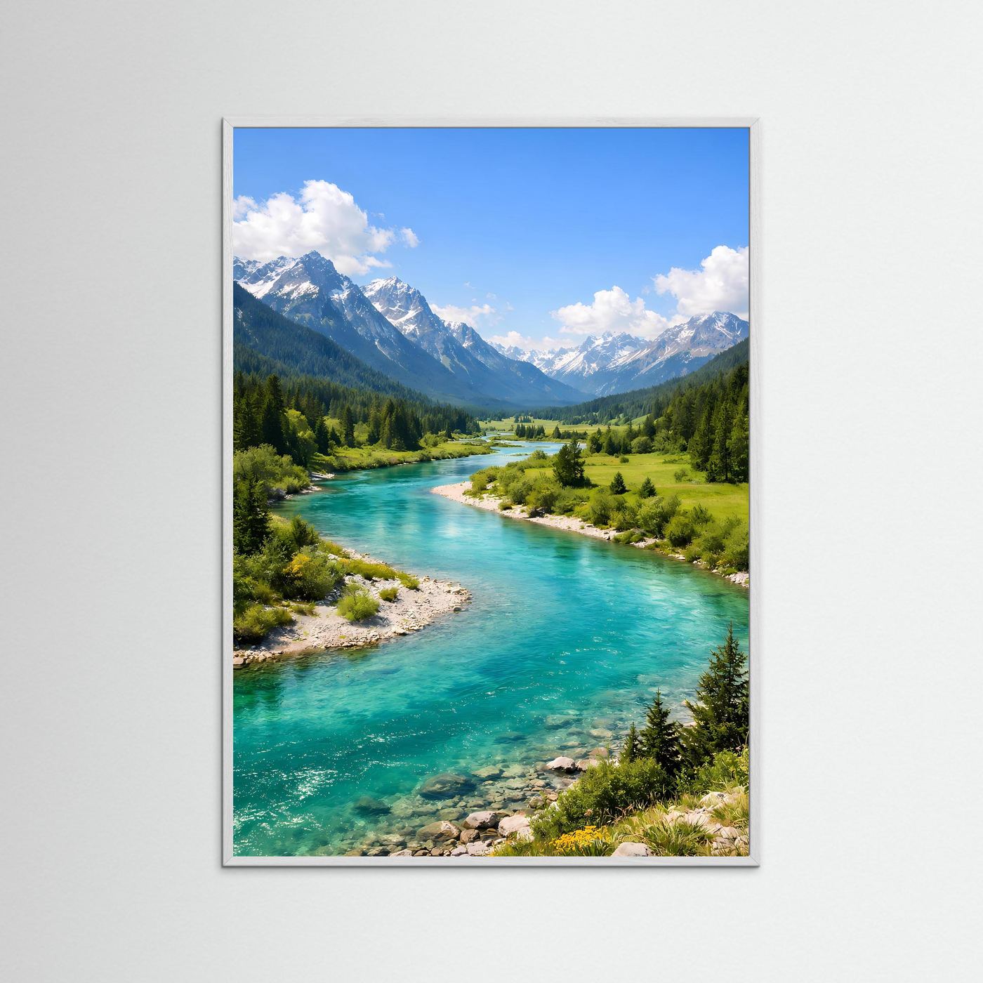 Poster im Hochformat mit türkisfarbenem Alpenfluss, grauer Rahmen