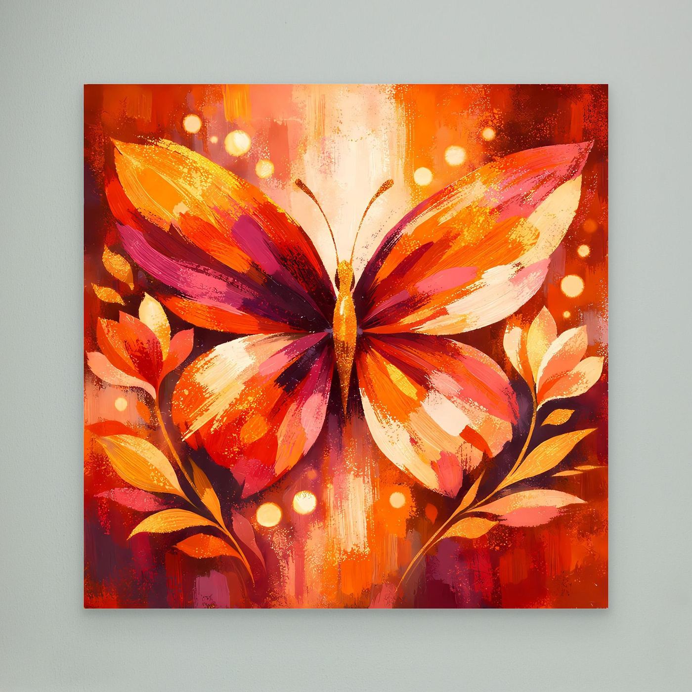 Leinwandbild mit leuchtendem Schmetterling in Orange und Pink, ohne Rahmen.