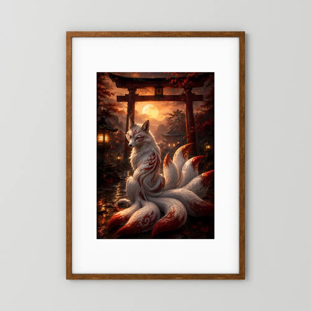 Hochformat-Poster mit Fuchs mit neun Schwänzen im Mondlicht, Holzrahmen