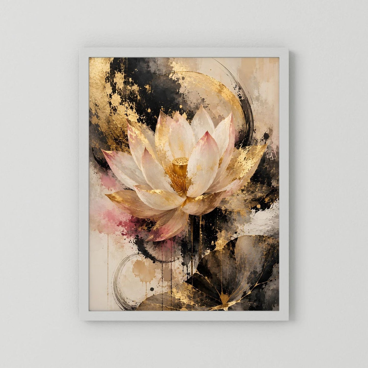 Poster mit Lotusblüte, abstrakt in Gold und Creme, weiß gerahmt