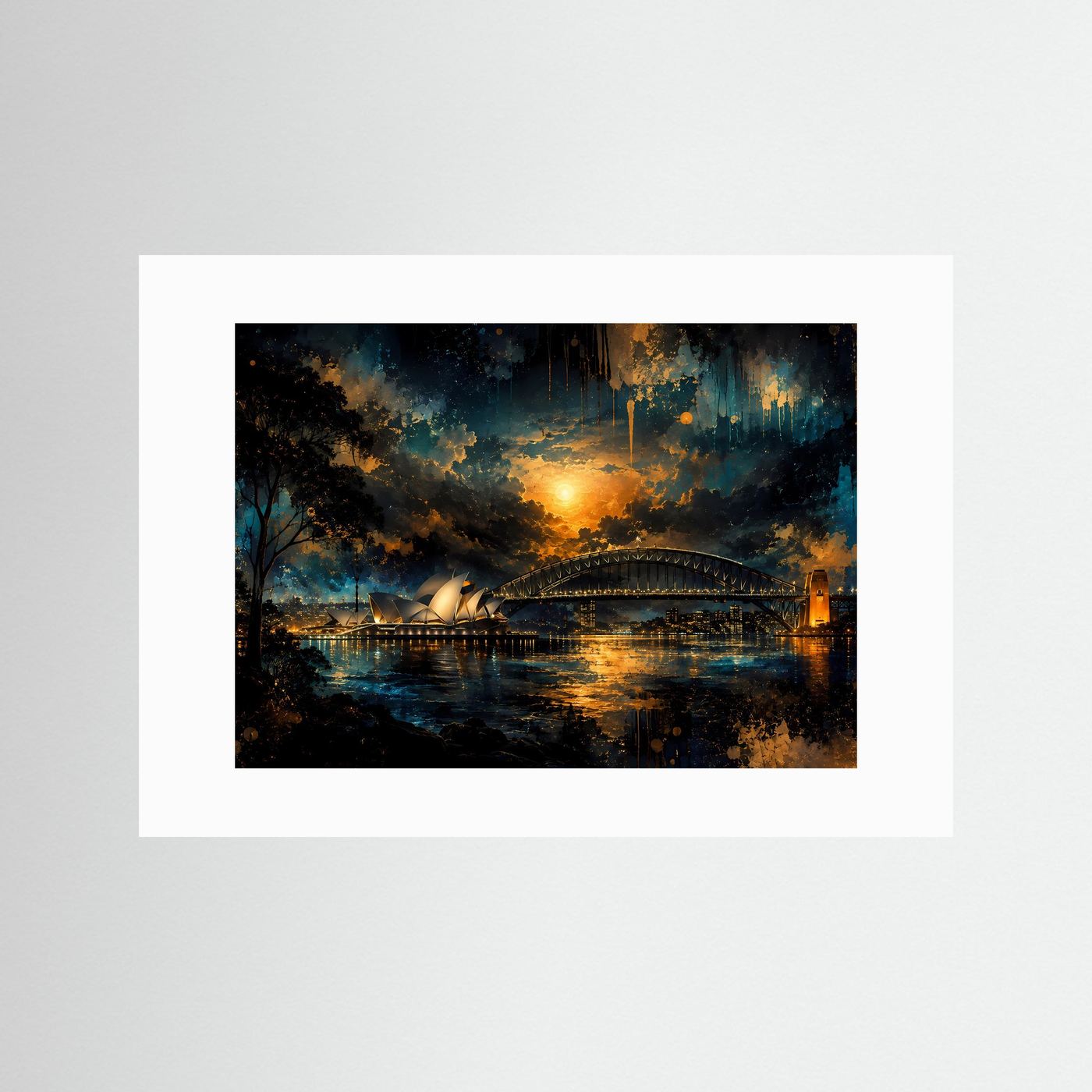 Sydney Poster | Sydney Opera House & Harbour Bridge bei Nacht | Australien Wandbild | Moderne Skyline Kunst | Gold Blau Fine Art | Premium Wanddekoration