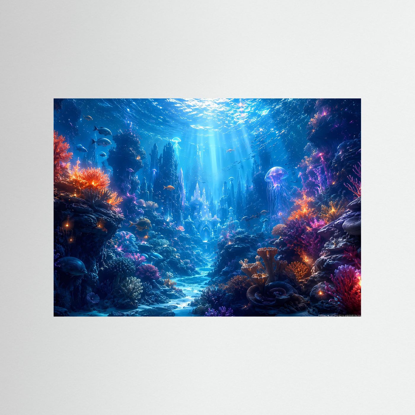 Magische Unterwasserwelt im Korallenriff | Modernes Ozean & Meeresleuchten Poster im Querformat