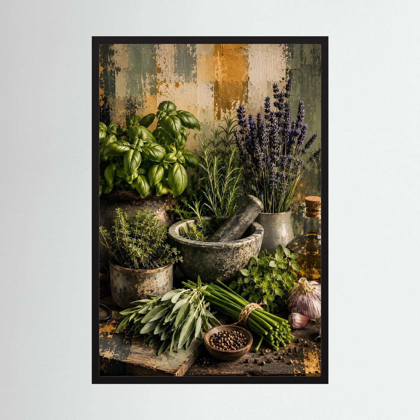 Küchenposter im schwarzen Rahmen mit Kräuterstillleben: Lavendel, Basilikum und Gewürze