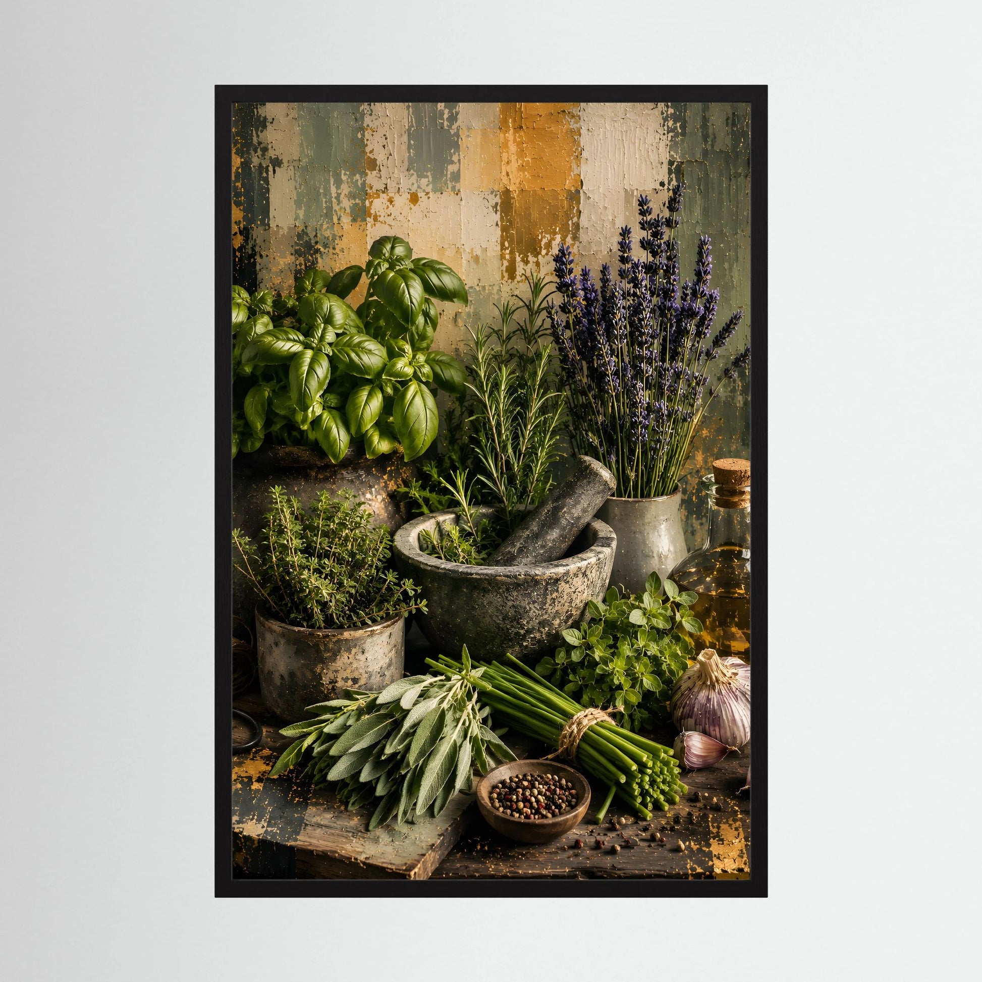 Küchenposter im schwarzen Rahmen mit Kräuterstillleben: Lavendel, Basilikum und Gewürze
