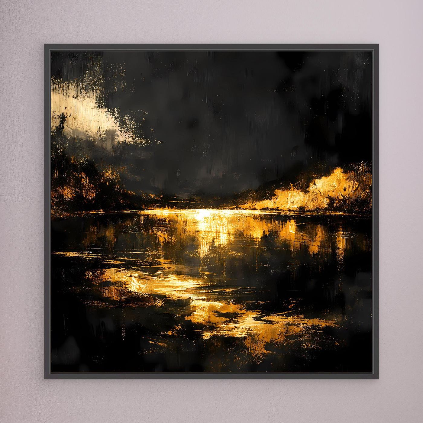 Leinwand Goldene Flusslandschaft bei Nacht | Abstraktes Natur Wandbild Moderne Kunst