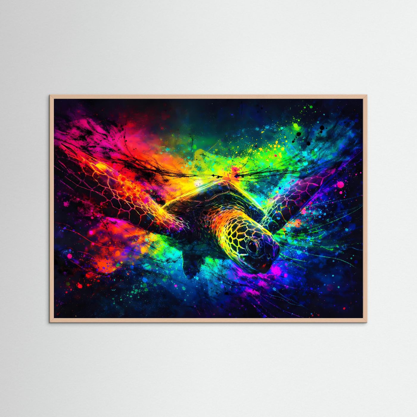 Neon Meeresschildkröten-Poster mit braunem Rahmen, Querformat