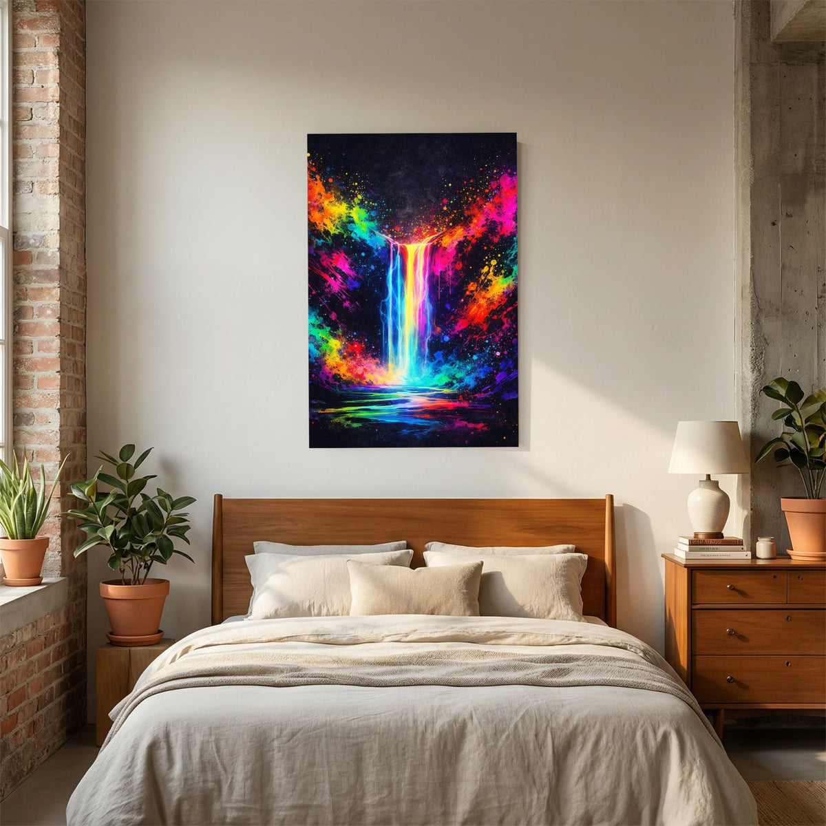 Hochformatiges Wandbild mit Neon-Wasserfall-Abstrakt, leuchtender Strahl in Blau vor buntem Farbrauschen