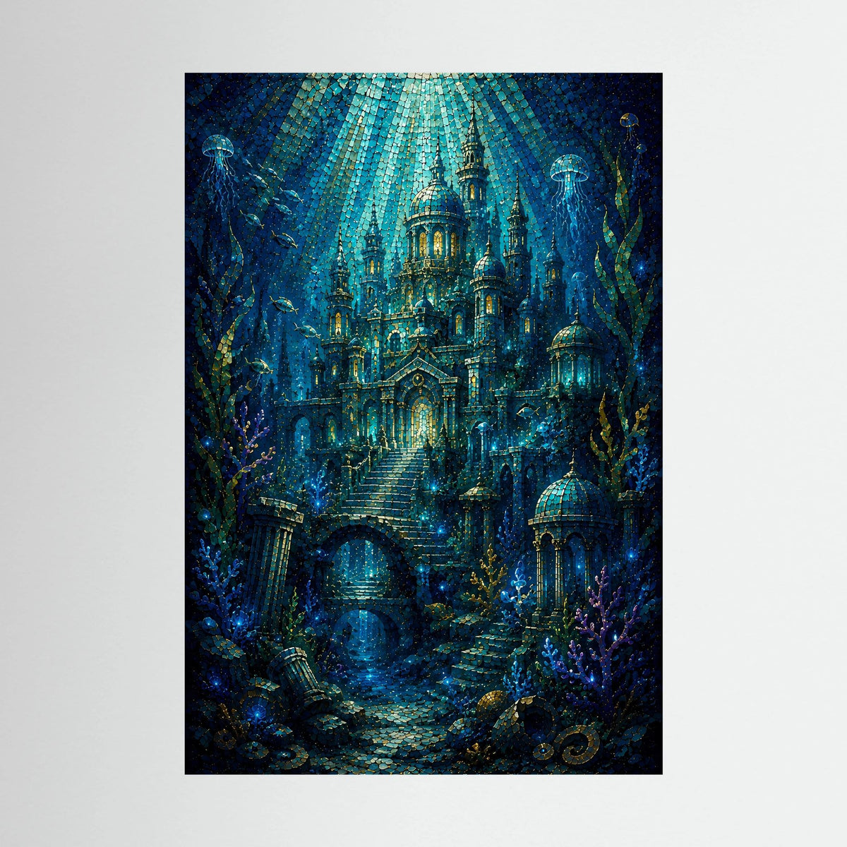 Hochformat-Poster mit Unterwasserstadt im Mosaikstil, blau und türkis