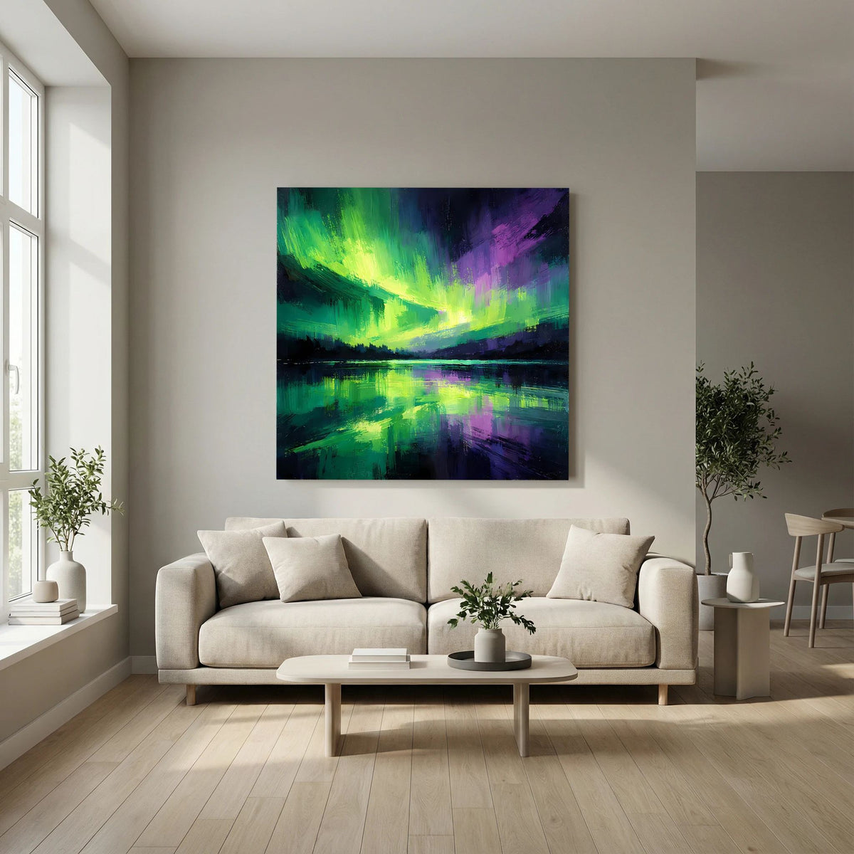 Quadratisches Leinwandbild mit Nordlichtfarben Grün und Lila und spiegelnder Wasserfläche