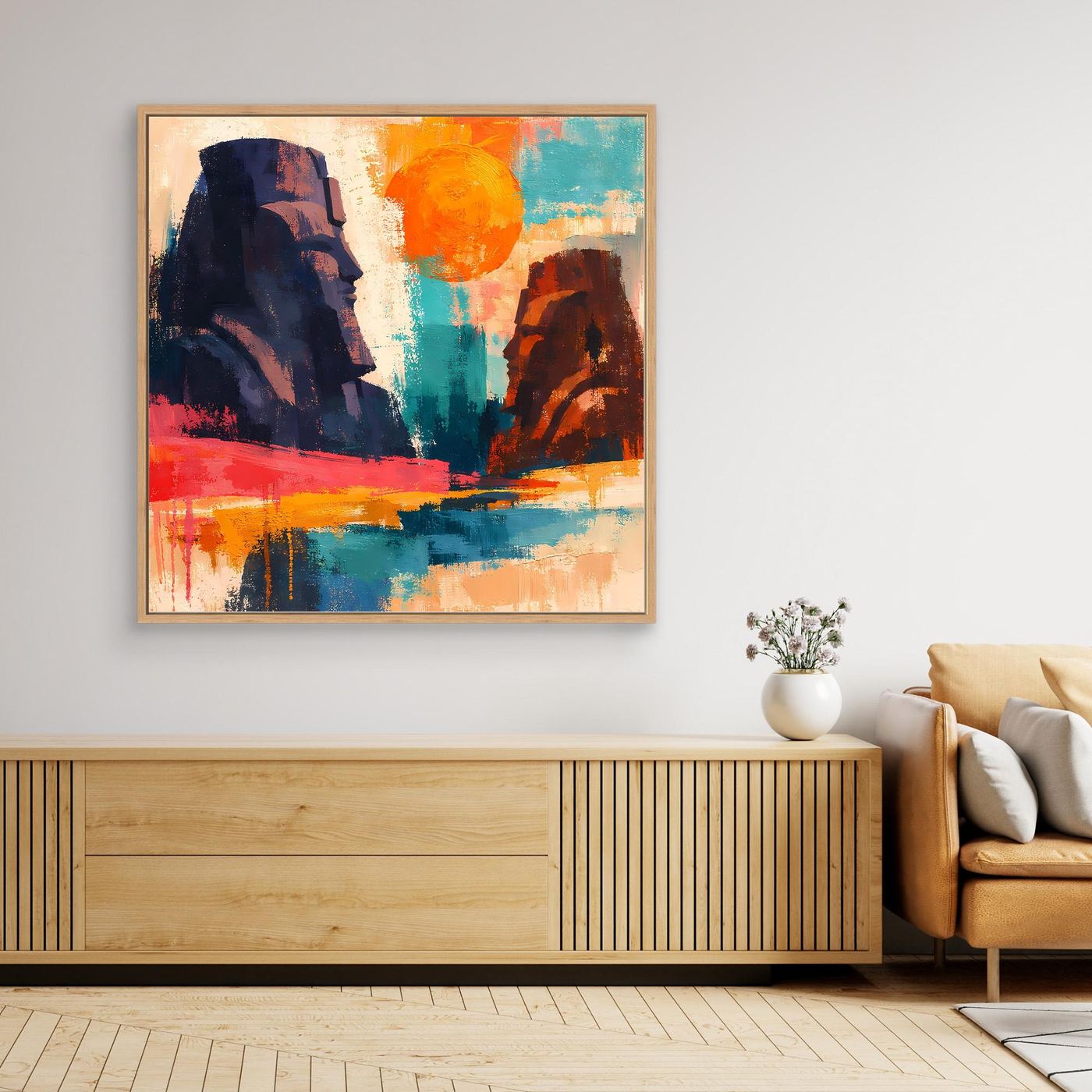 Leinwand-Wandbild mit hellem Holzrahmen, abstrakte ägyptische Figuren, kräftige Farben