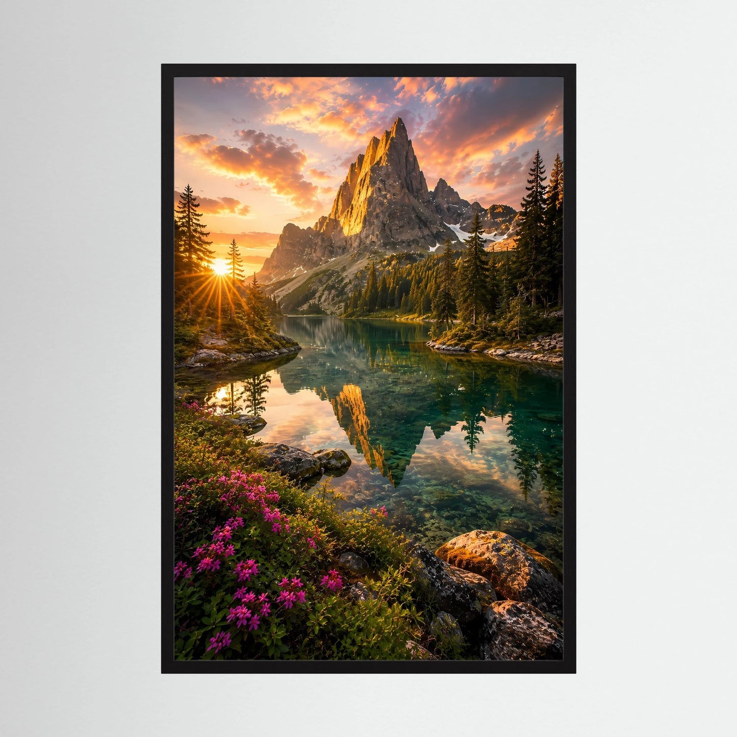 Poster im Hochformat mit Bergsee bei Sonnenuntergang im schwarzen Rahmen, Tannen und Felsen