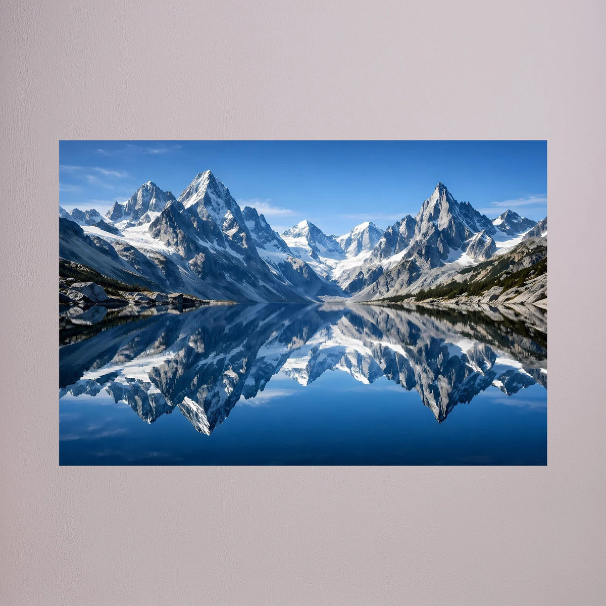 Poster mit hochalpinen Bergen und spiegelnder Seefläche, Querformat