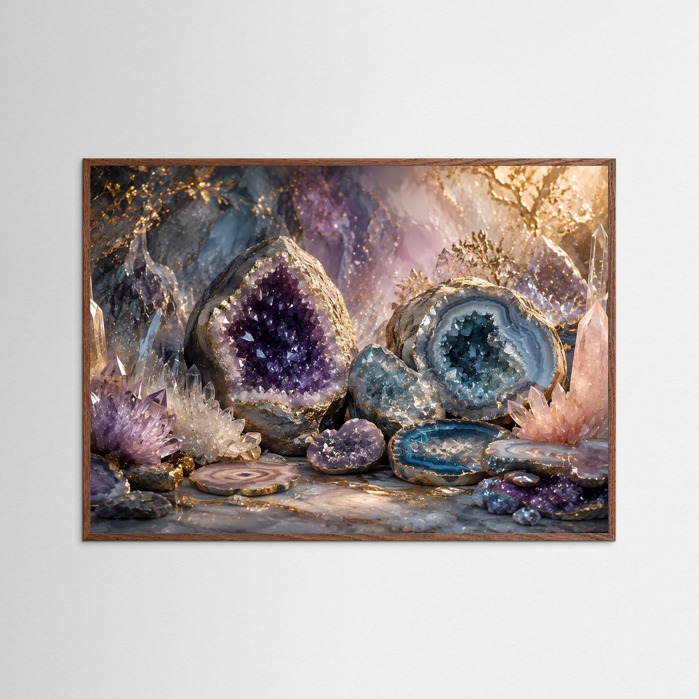Mineralien-Poster im dunklen Eichenholzrahmen, Amethyst- und Achatkristalle violett-blau