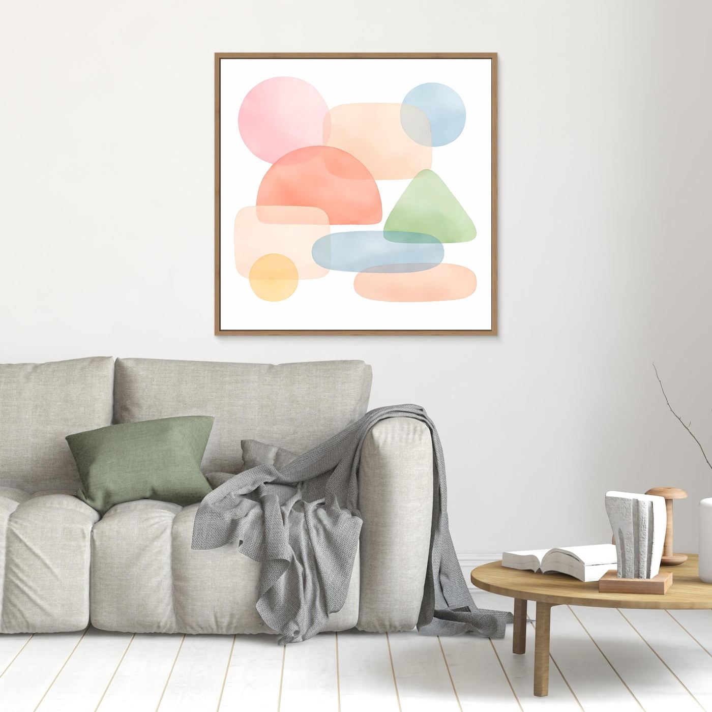 Leinwandbild mit abstrakten Pastellformen in Pink, Blau, Grün und Beige, goldbrauner Rahmen