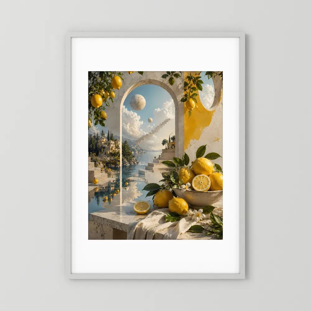Kunstposter im Hochformat mit weißem Rahmen und Rand, Zitronen am Meer
