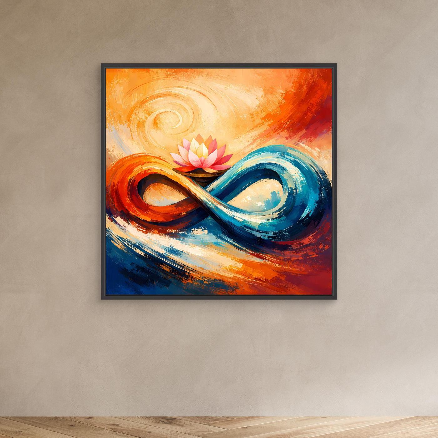 Abstraktes Leinwand-Wandbild mit Lotusblüte und Unendlichkeit, schwarzer Rahmen, Orange und Blau