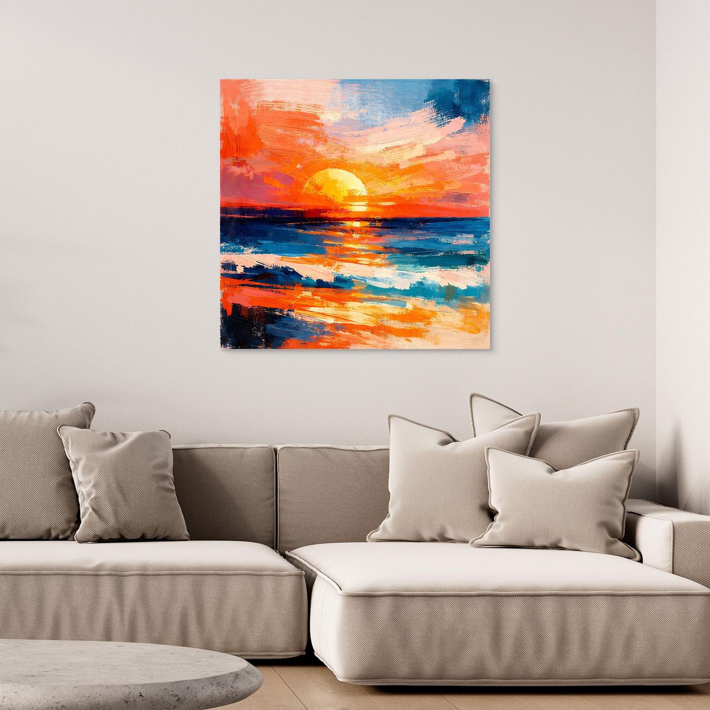 Unframed abstract ocean canvas with orange sunset over blue water