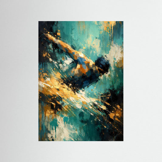 Abstraktes Schwimmer-Poster, türkis-petrol mit goldenen Akzenten, Hochformat