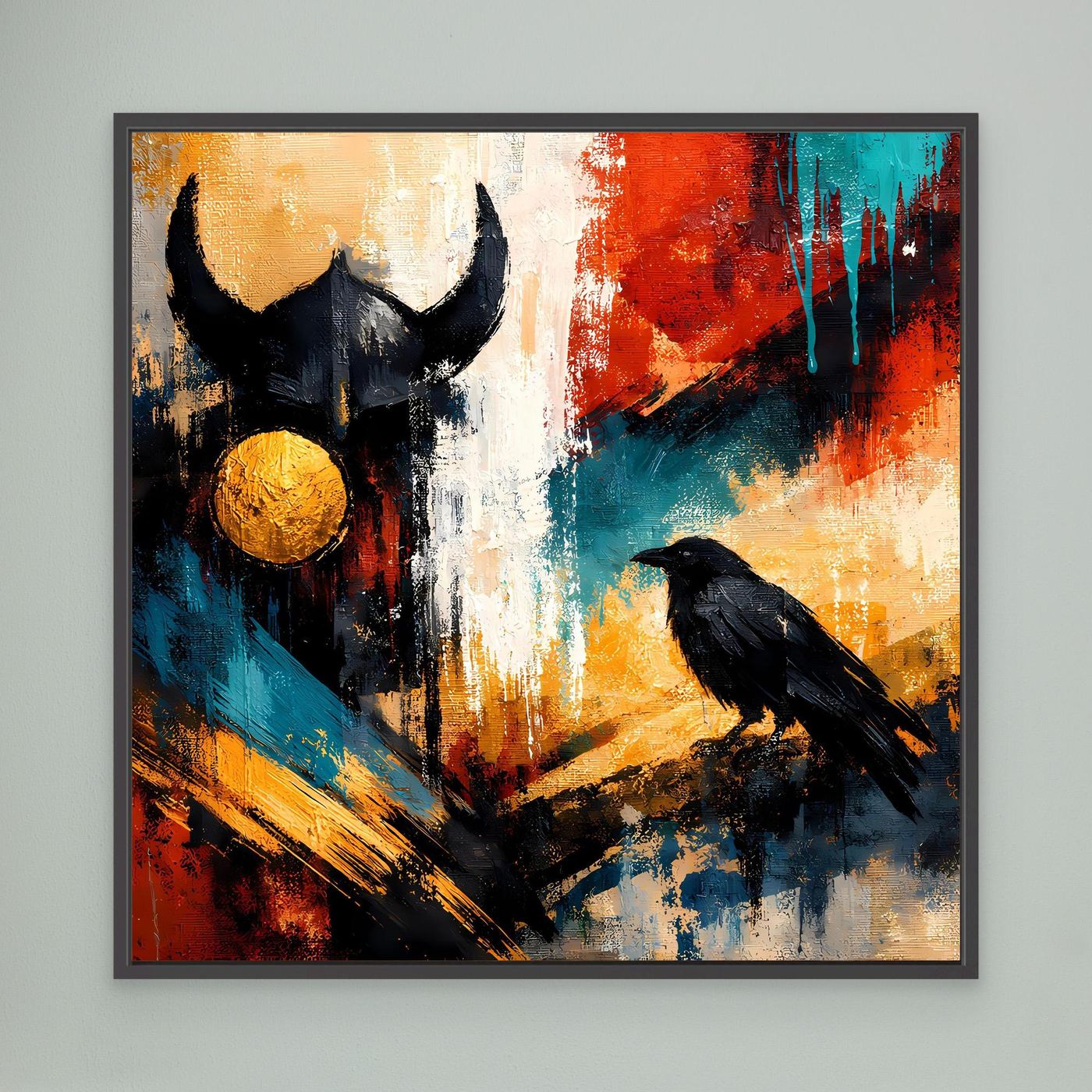 Wandbild mit schwarzem Wikingerhelm, goldener Kugel und Rabe auf abstrakten Farbflecken, schwarz gerahmt