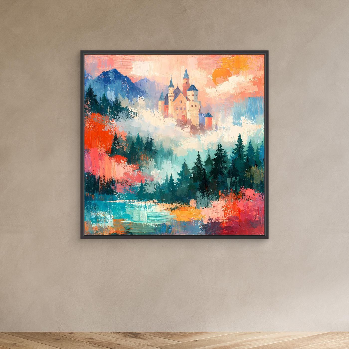 Abstraktes Wandbild mit Schlossmotiv, Bergen und Tannen, im schwarzen Rahmen