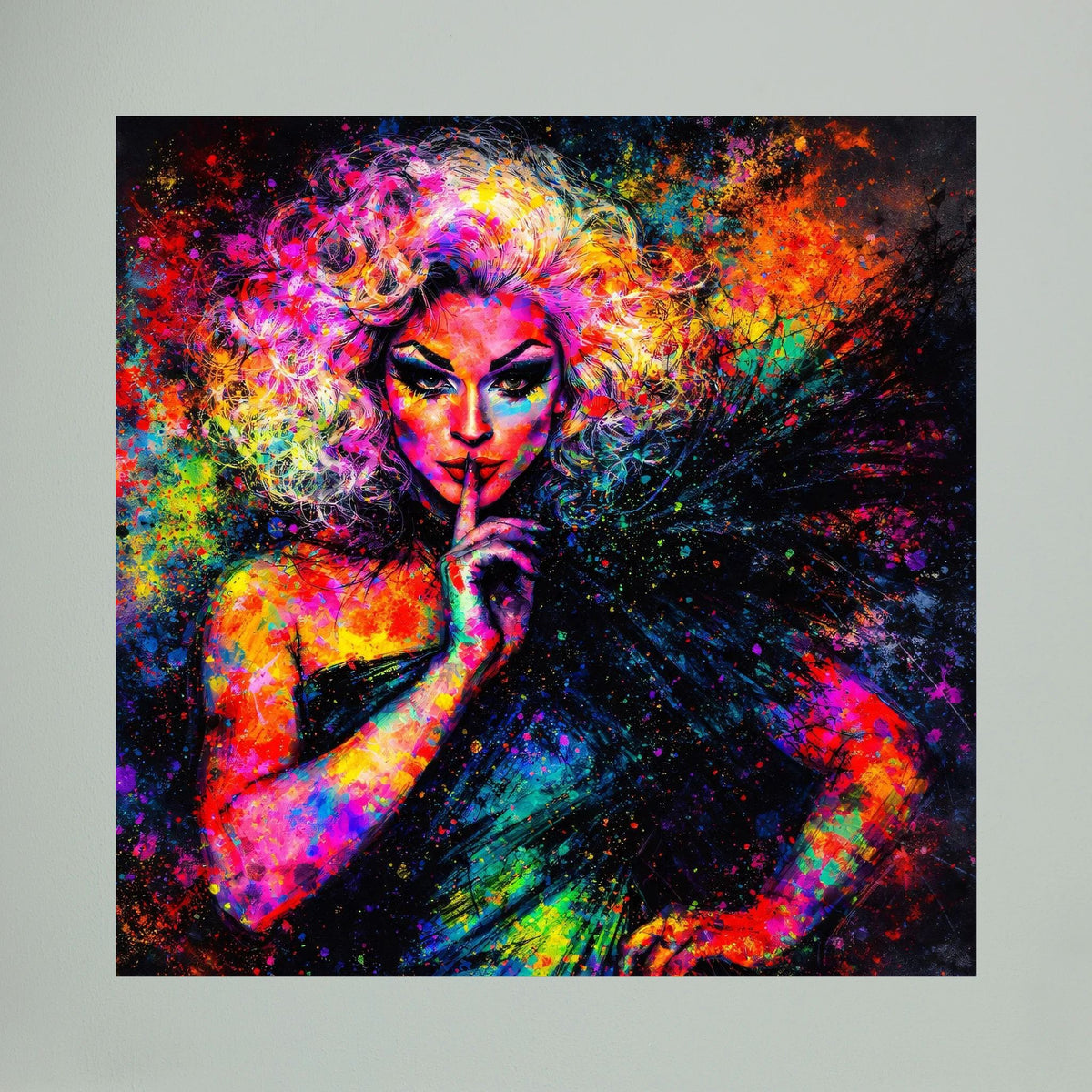 Nahansicht Leinwandbild: Pop-Art-Porträt einer Drag Queen, Kopf im Farbdurst