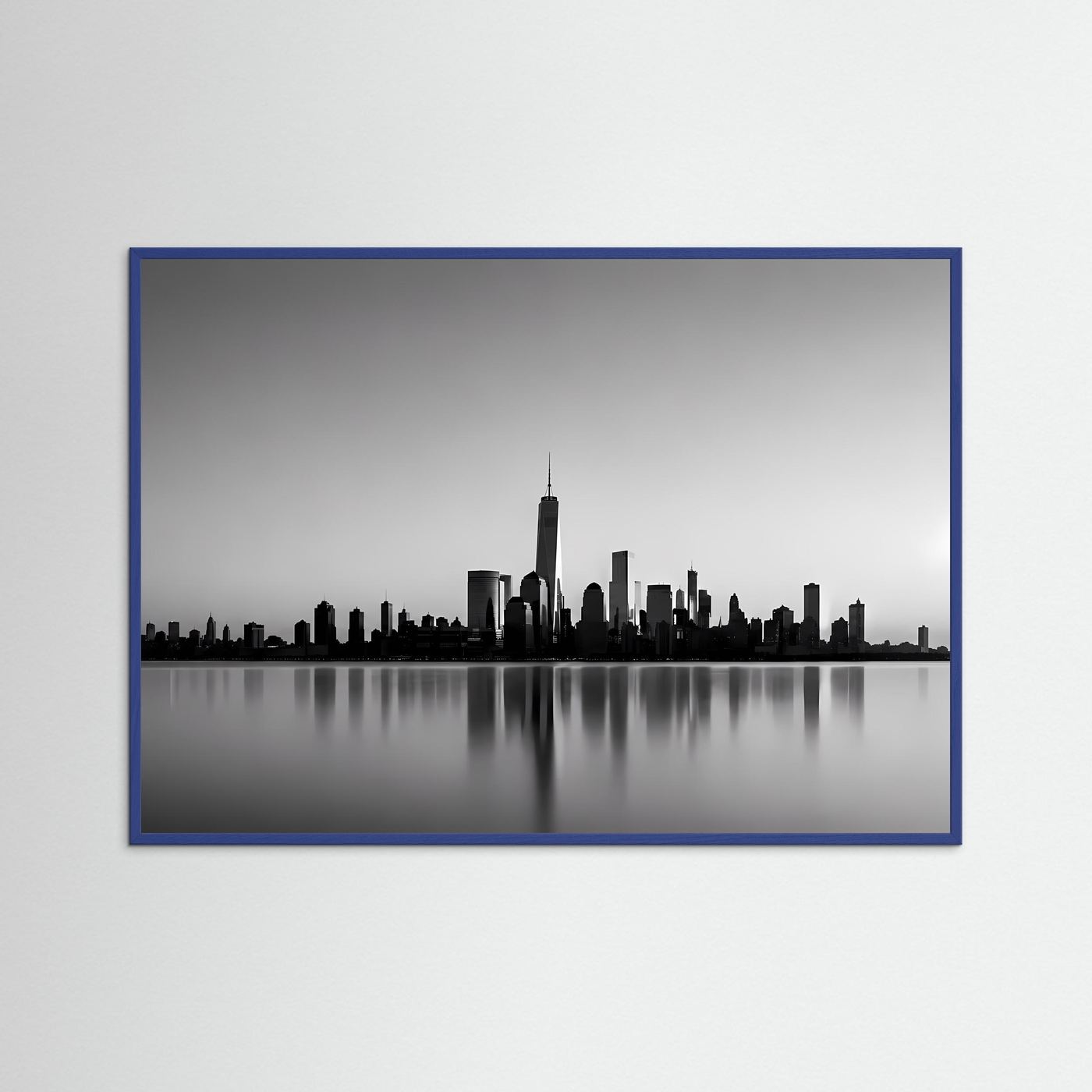Poster mit Schwarz-Weiß-Skyline, Querformat, in blauem Rahmen