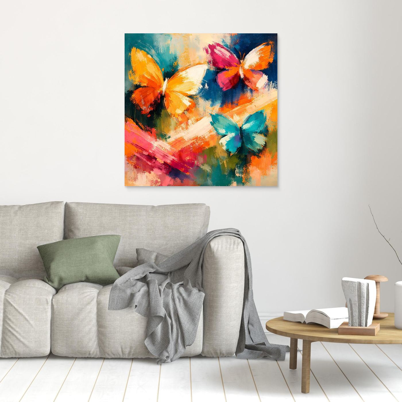 Wandbild mit abstrakten bunten Schmetterlingen im Quadratformat.