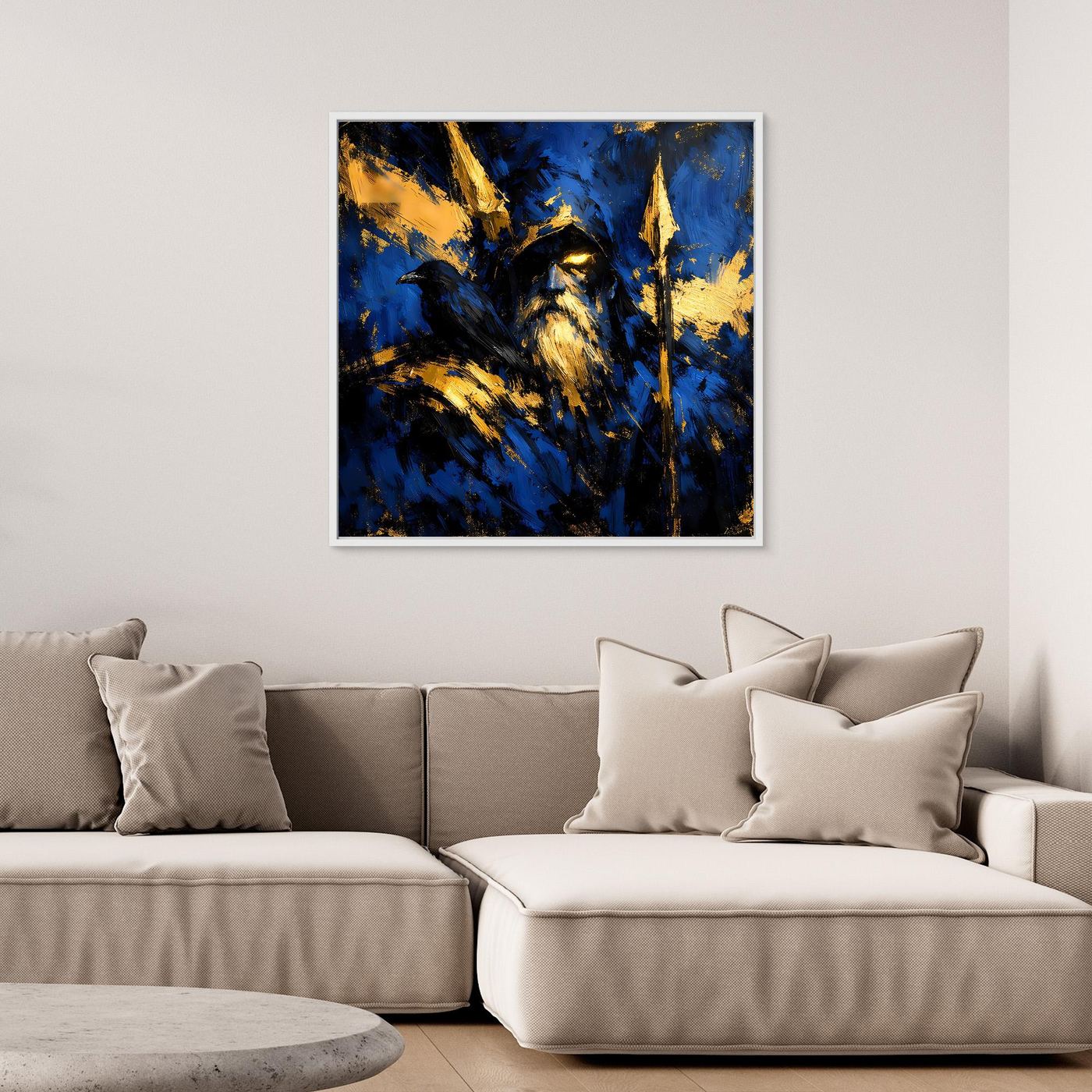 Leinwand Odin der Allvater in Blau und Gold | Modernes Nordische Mythologie Wandbild mit Rabe