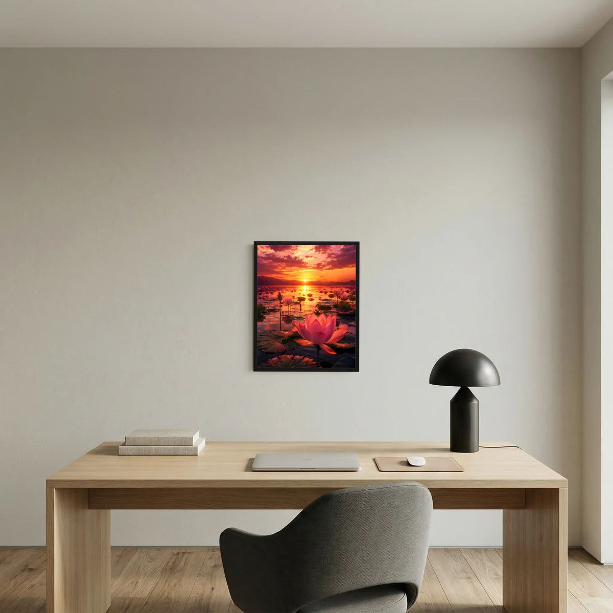 Schwarz gerahmte Wandkunst im Hochformat mit rosa Lotusblüte und Sonnenuntergang