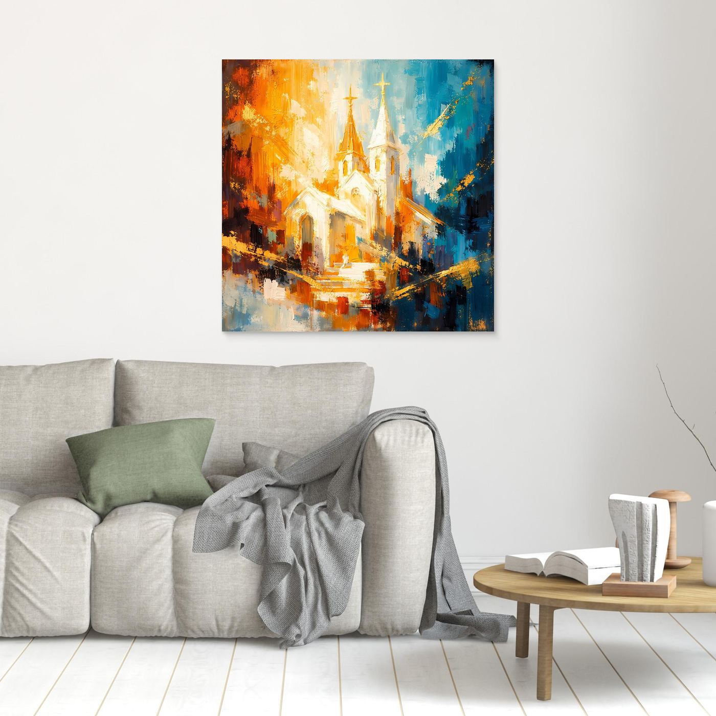 Quadratisches Leinwandbild mit abstrakter Kirche, ohne erkennbaren Rahmen, Orange‑Blau