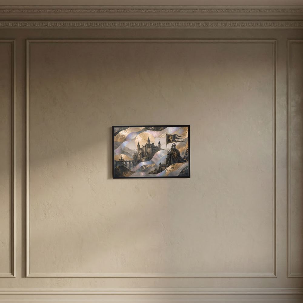 Gerahmtes Poster mit Burglandschaft und goldenen Ornamenten im schwarzem Rahmen