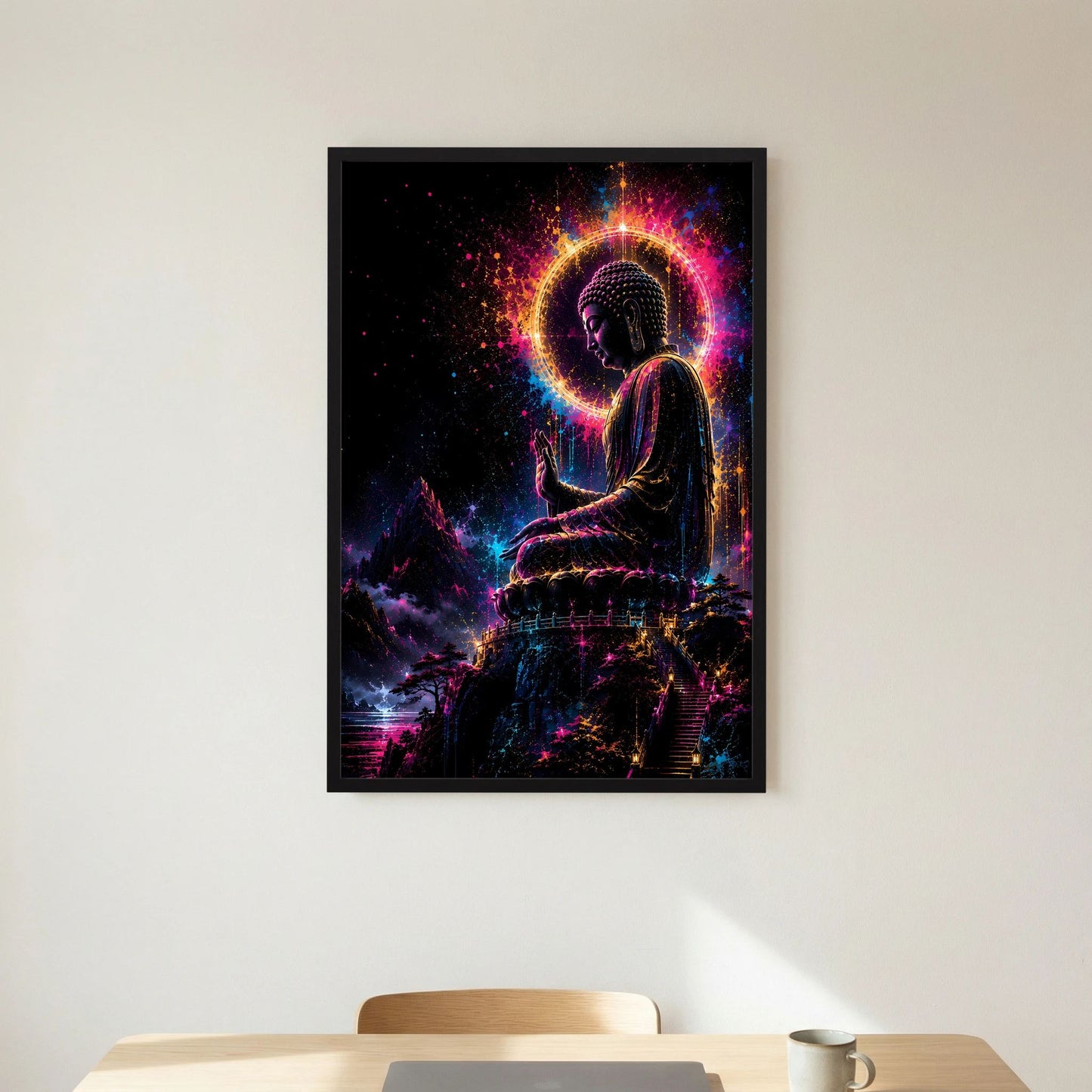 Buddha-Poster im Neonlicht: sitzende Buddha-Figur mit leuchtendem Aura-Ring, schwarzer Rahmen